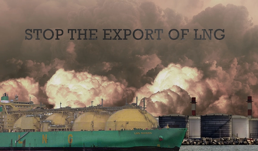 Graphic with text reading "Stop the export of LNG"